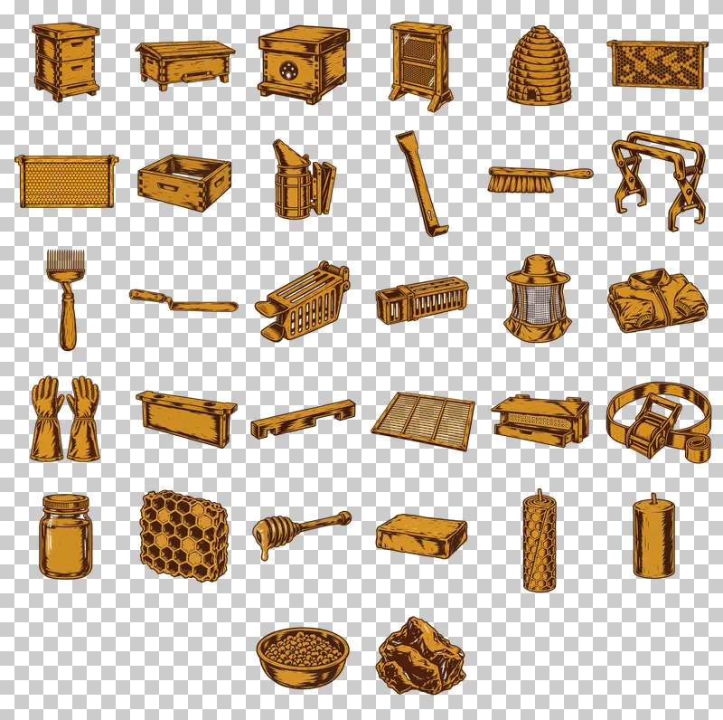Linocut Beekeeping PNG Collection: all 32 elements in one grid