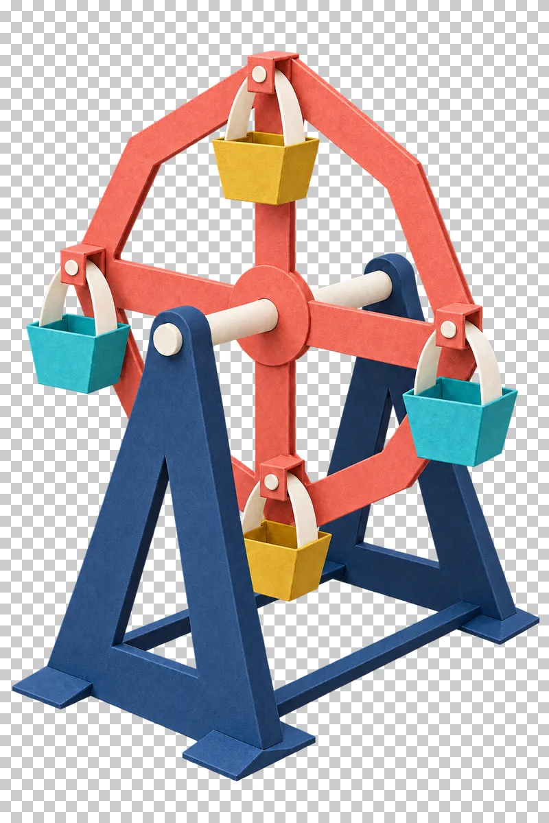 A folded paper Ferris wheel with four hanging gondolas and a braced navy support frame.