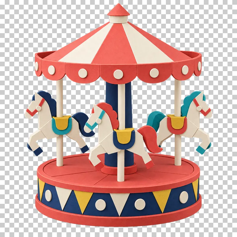 A coral-and-cream paper carousel with three paper horses mounted on poles beneath a striped canopy.