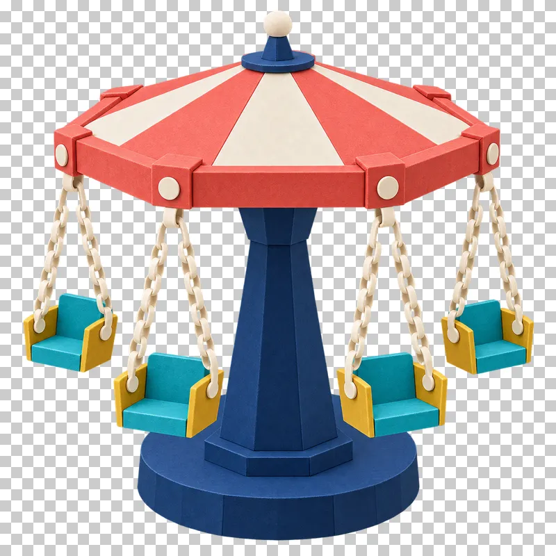 A paper chair swing ride with four turquoise seats hanging from paired cream paper chains.