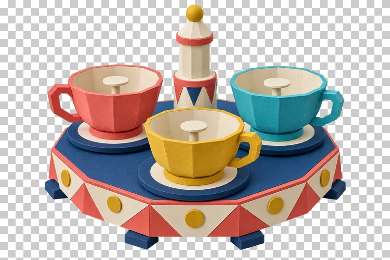 Three faceted paper teacups with handles and steering disks on a decorated circular ride platform.