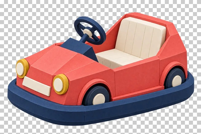 A coral paper bumper car with a cream seat, navy bumper, paper wheels and a steering wheel.