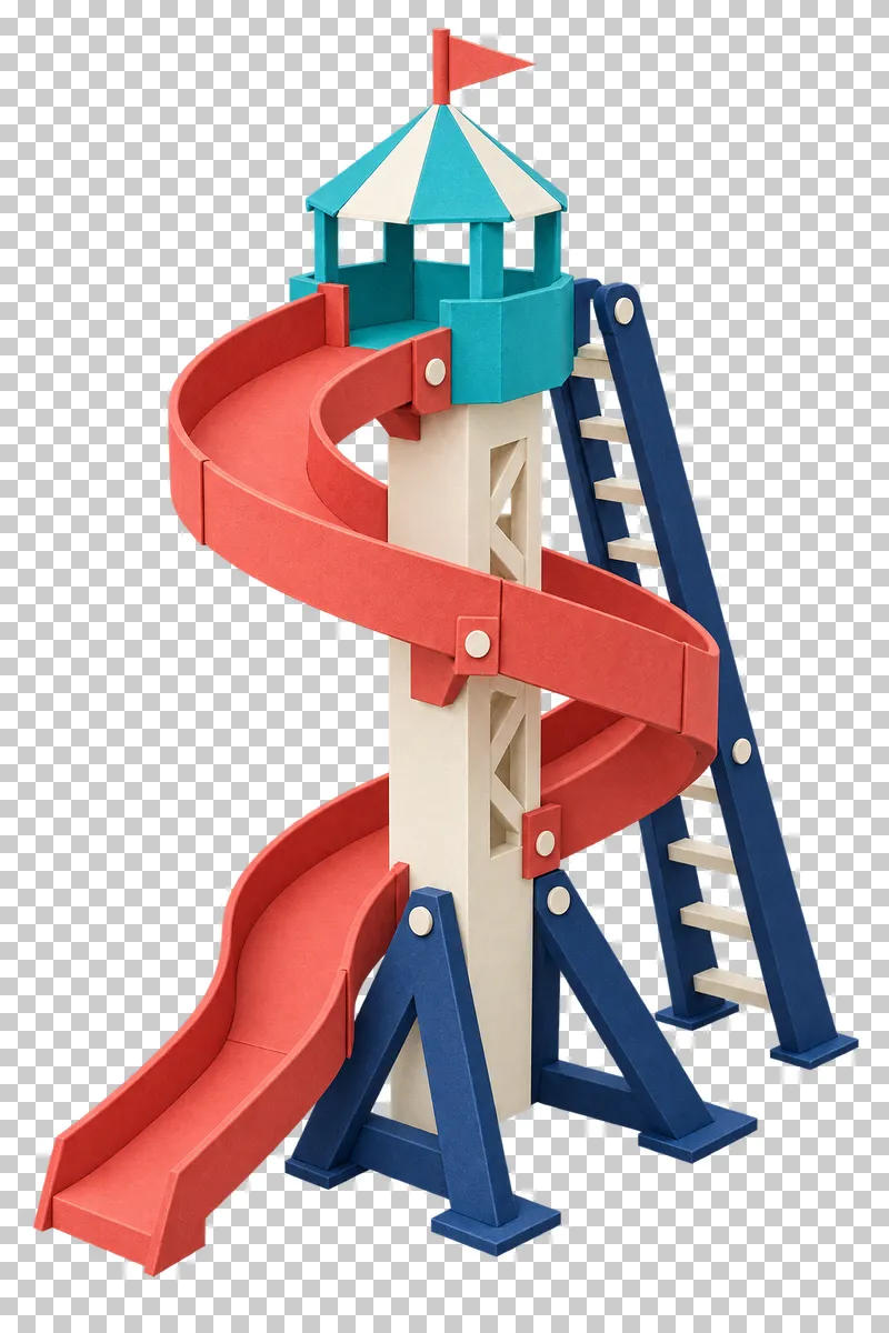 A coral spiral paper slide around a cream tower with a striped roof, access ladder and navy support legs.