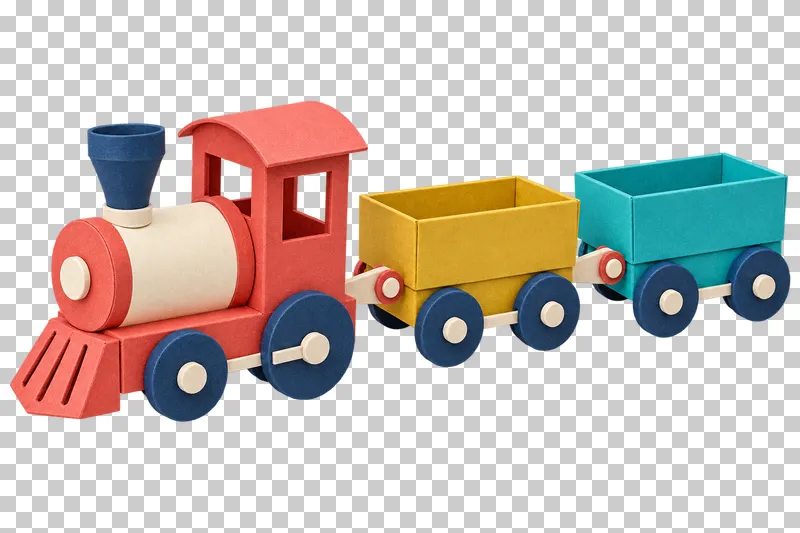 A paper locomotive connected to two open carriages, with seated navy wheels and visible couplers.