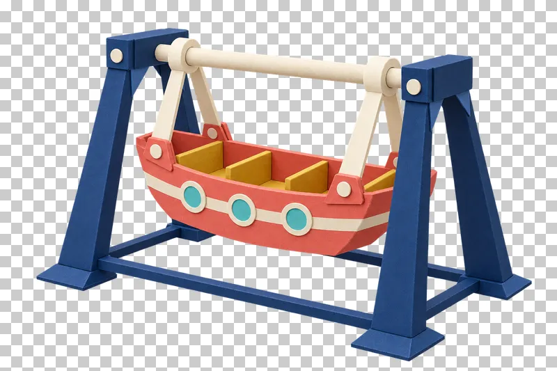 A coral-and-cream paper pirate ship suspended by four cream arms between two navy supports with four legs.