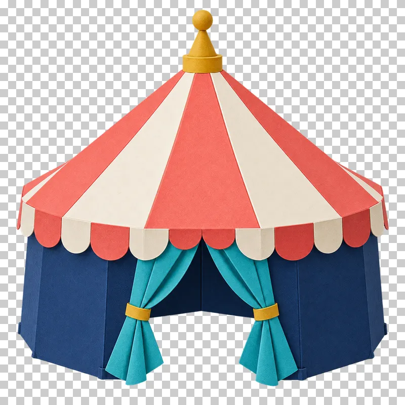 A coral-and-cream striped paper circus tent with navy walls and tied turquoise entrance curtains.