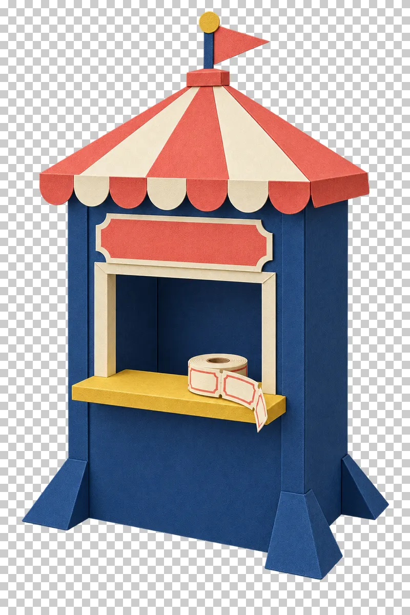A navy paper ticket booth with a striped roof, blank sign panel and ticket roll on its counter.