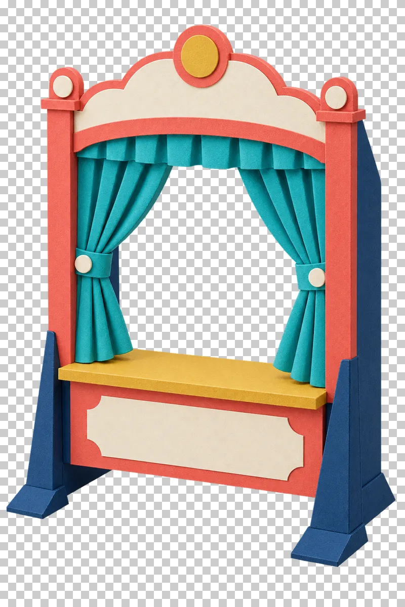 A paper puppet theater with turquoise curtains, an empty stage, blank panels and braced navy feet.