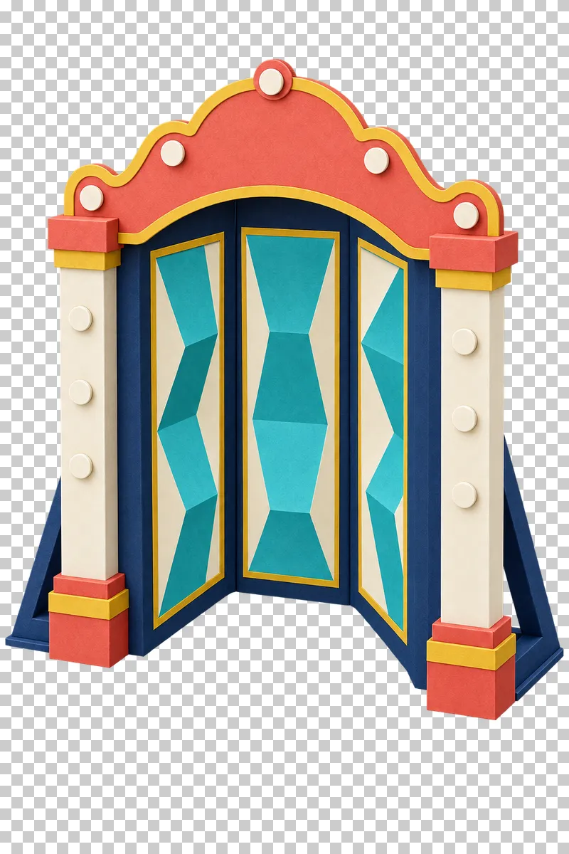 A decorated paper hall-of-mirrors entrance with three matte geometric panels and a coral arch.