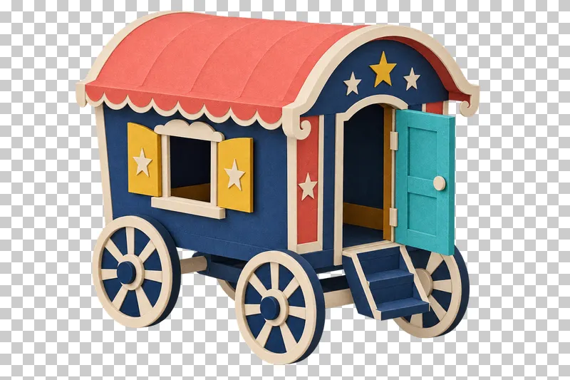 An ornamental paper fortune teller wagon with spoked wheels, mustard stars, a turquoise door and steps.