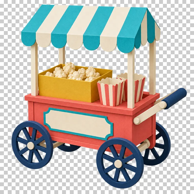 A coral paper popcorn cart with a striped canopy, folded cartons, crumpled paper popcorn and spoked wheels.