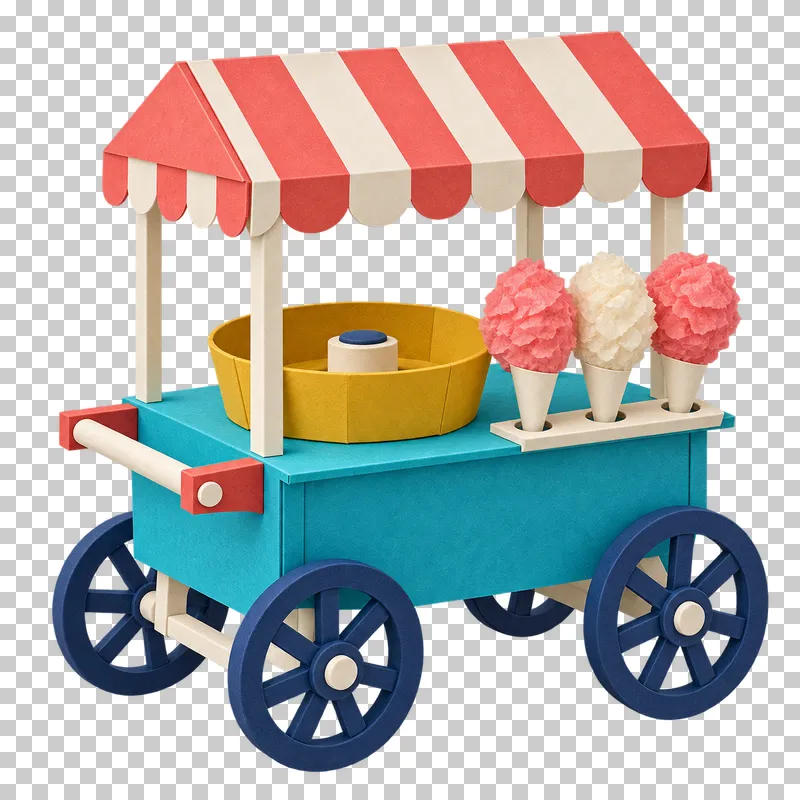 A turquoise paper cotton candy cart with three paper candy puffs, a mustard bowl and a striped canopy.