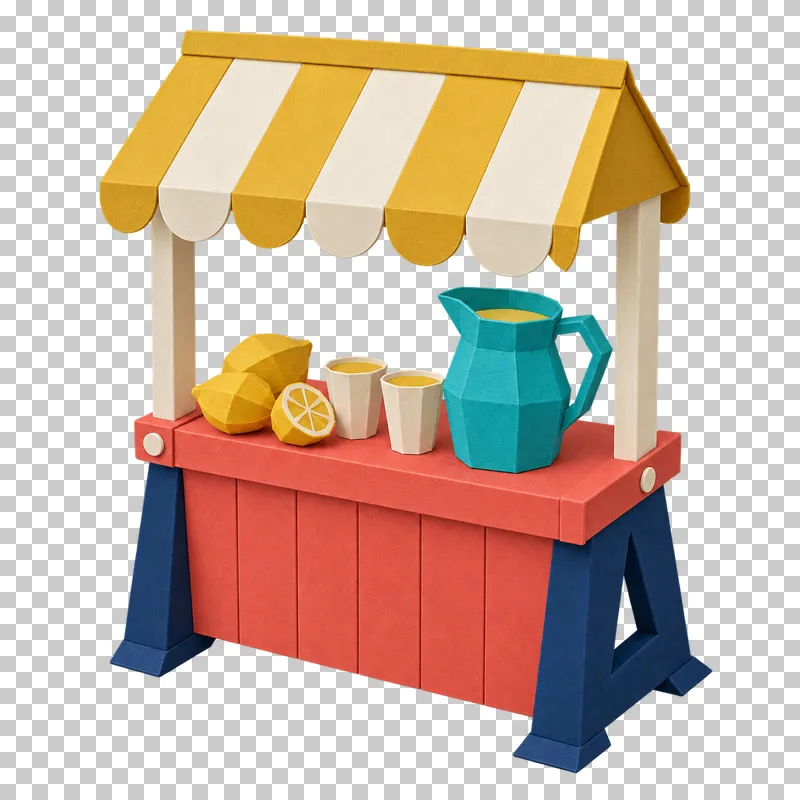 A paper lemonade stand with a mustard-and-cream canopy, faceted lemons, cups and a turquoise paper jug.
