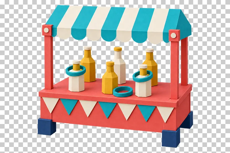 A paper ring toss stall with six folded bottles and turquoise rings beneath a striped canopy.