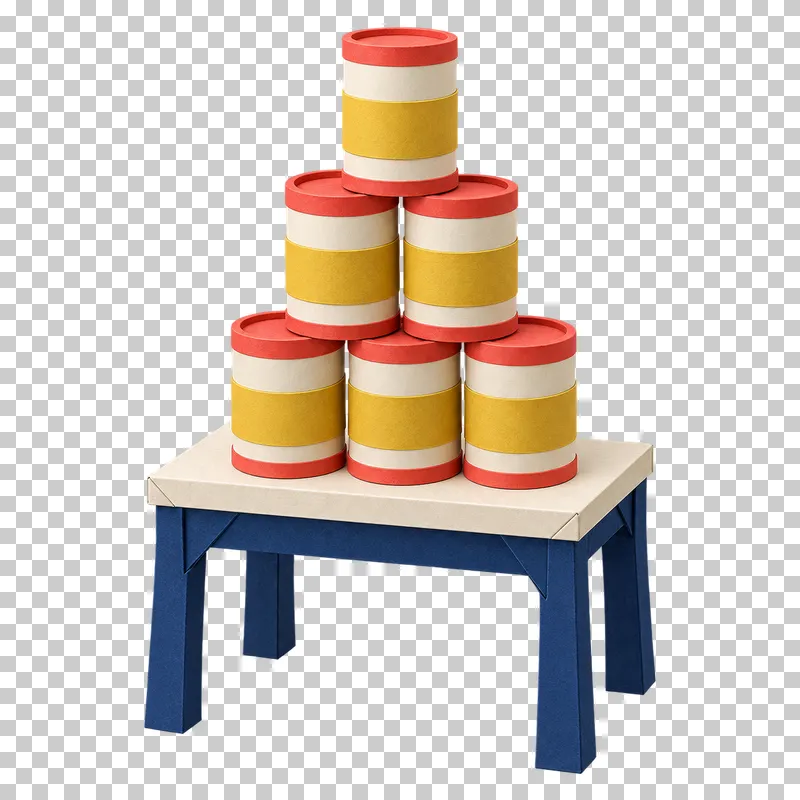 Six mustard-and-cream paper cans stacked in a three-two-one pyramid on a four-legged navy table.