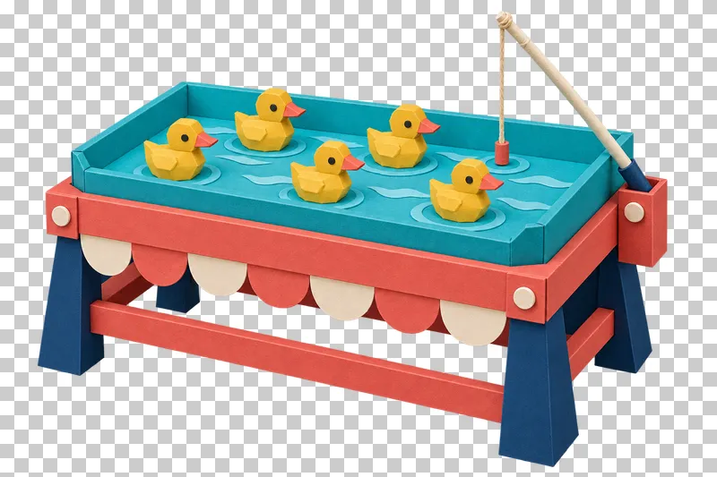 Five faceted paper ducks on a turquoise paper water sheet in a fishing stall with a rod and continuous line.