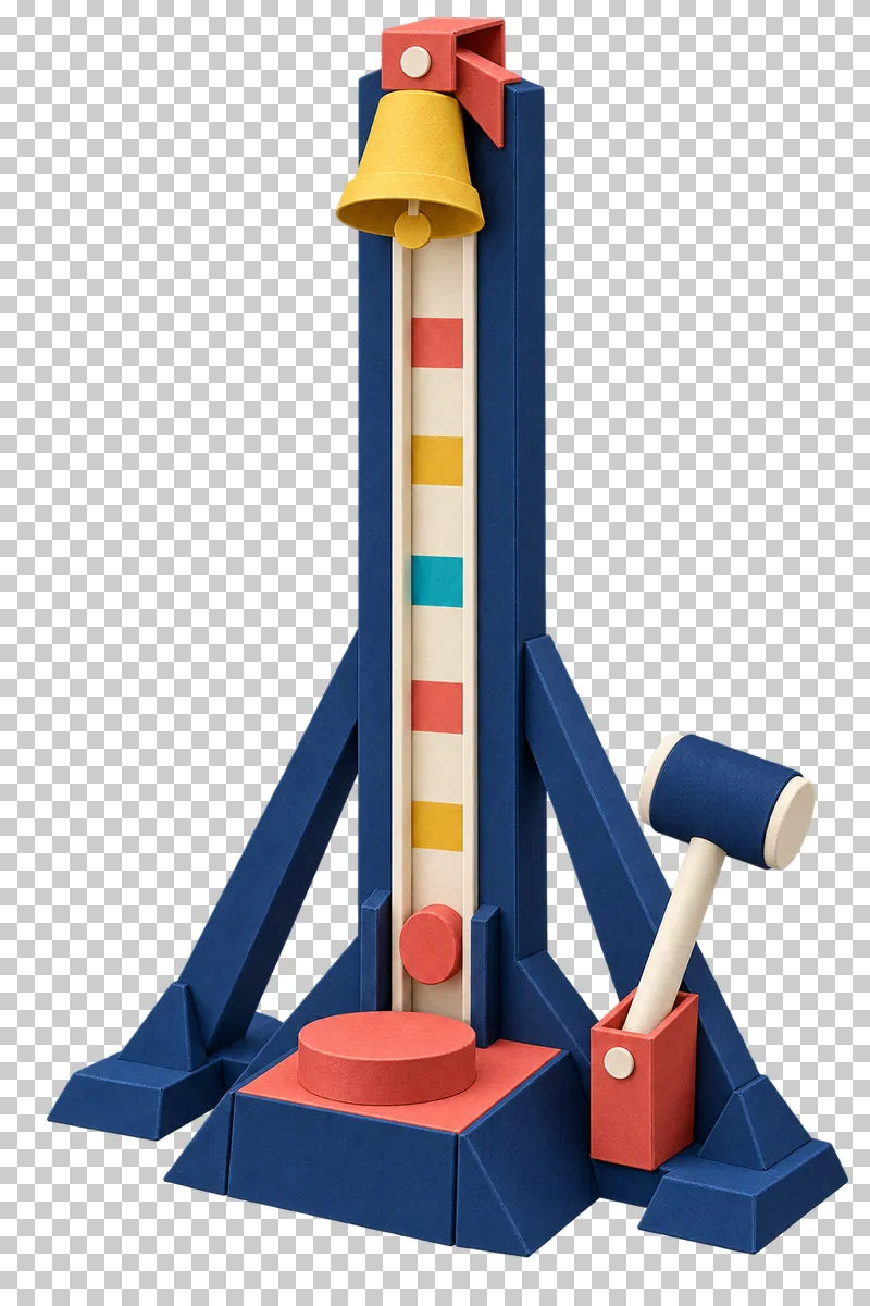 A paper high striker with a mustard bell, blank color markers, a seated slider and a mallet in its holder.
