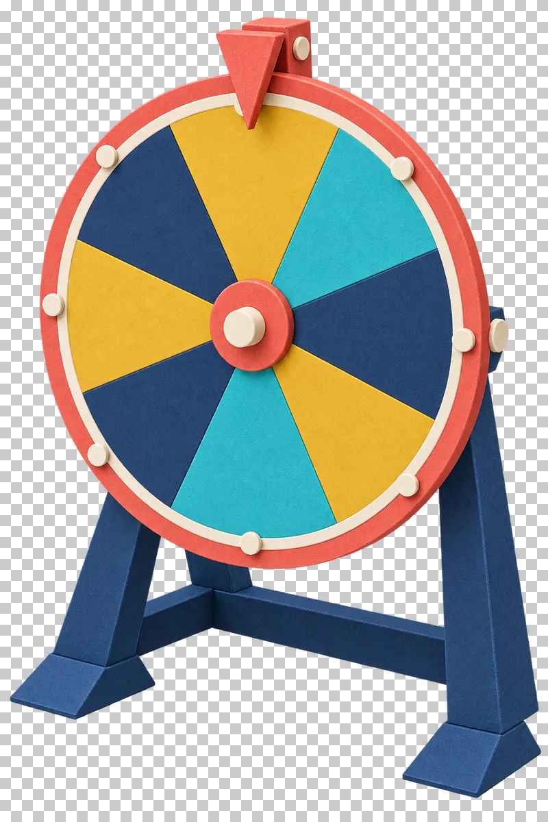 A paper prize wheel with blank colored wedges and a coral pointer on a braced navy stand.