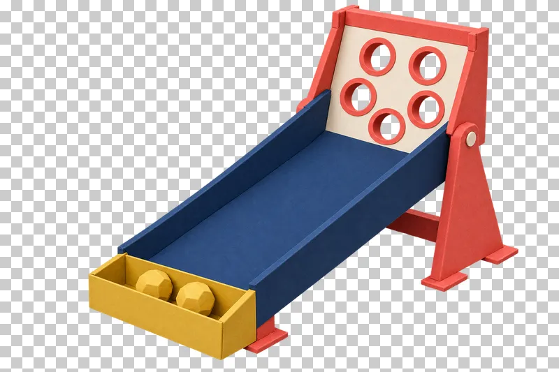 A navy paper ball rolling lane with five open target holes, a mustard tray and two paper balls.