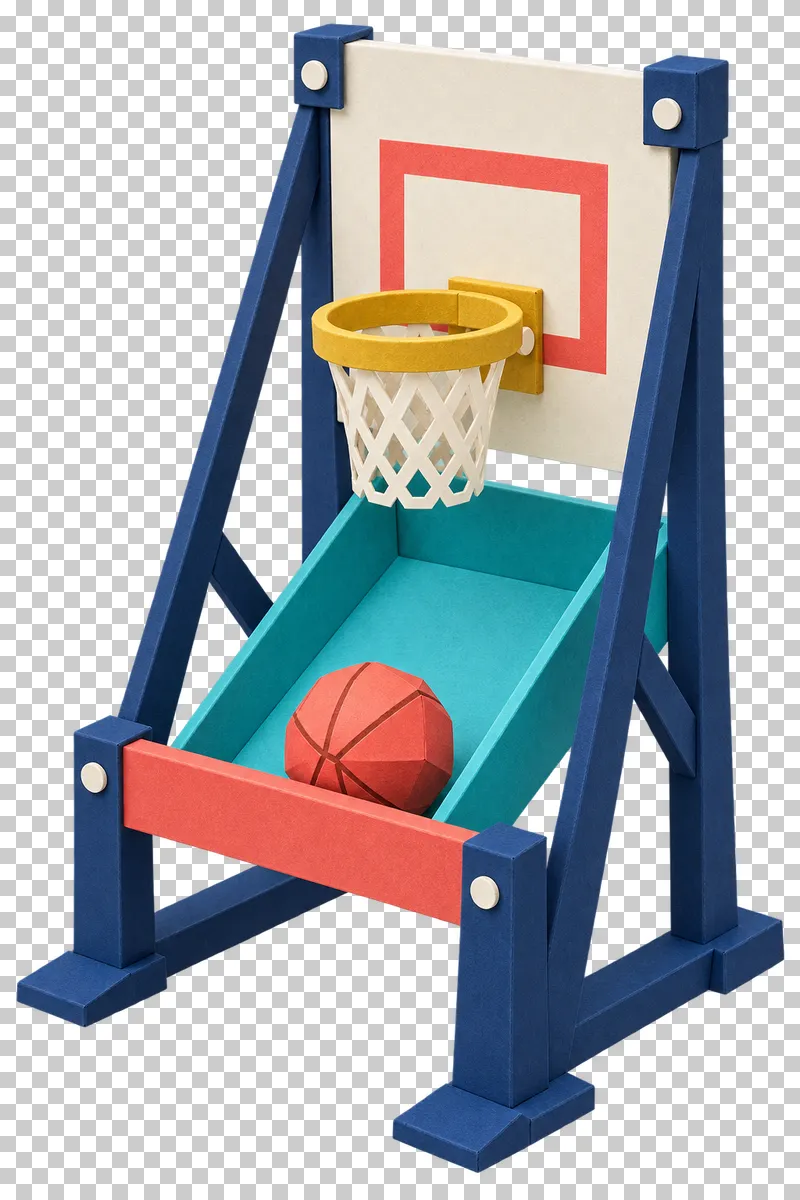 A paper basketball toss game with a mustard hoop, cream paper strip net and turquoise return ramp.