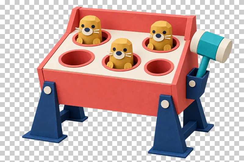 A coral paper whack-a-mole machine with three paper moles, five recessed holes and a mallet in a side holder.