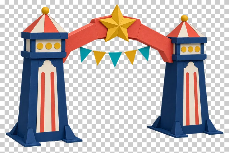 A paper carnival entrance gate with two braced navy towers, a coral arch, mustard star and pennants.