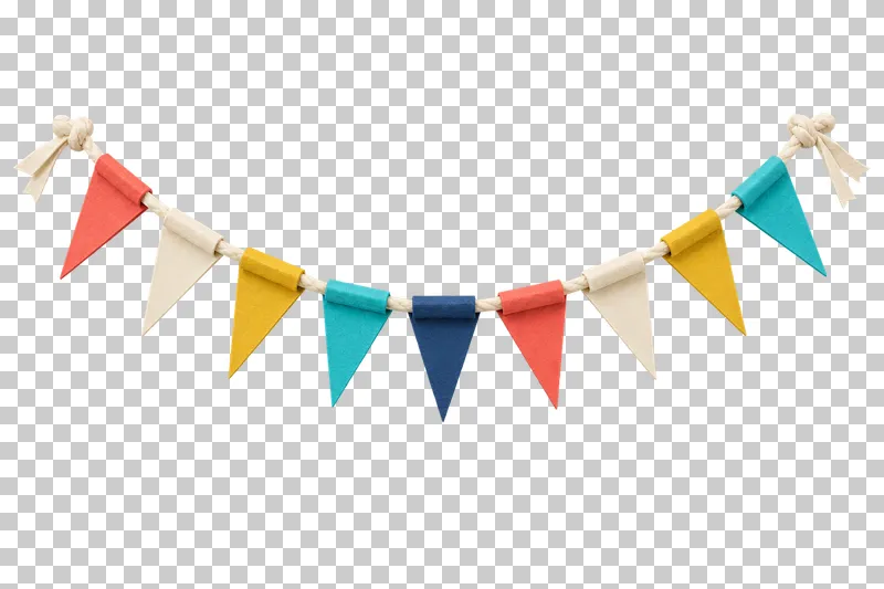 Nine colored paper pennants folded around a continuous cream paper cord with tied ends.