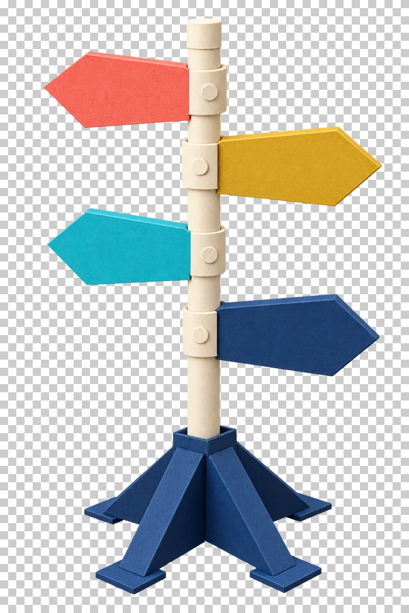 Four blank paper arrow signs on a cream post with separate collars and a four-way navy support foot.