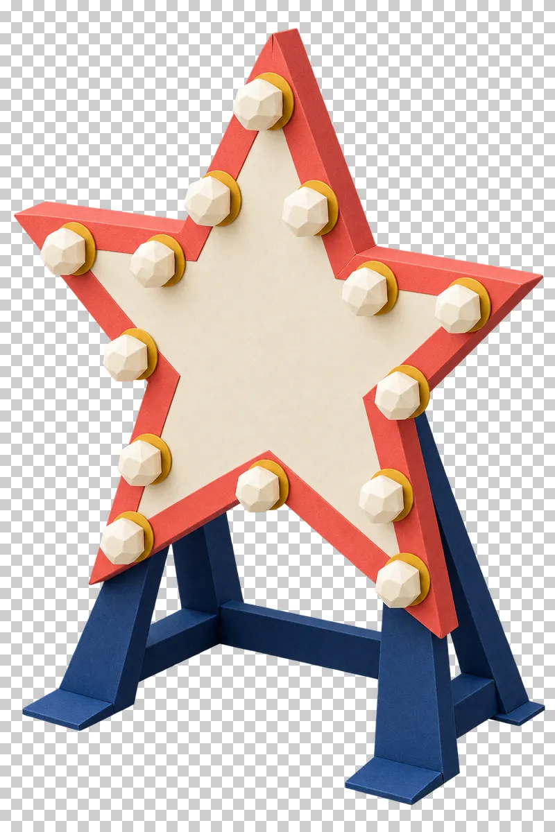 A standing coral-and-cream paper star with faceted paper bulbs mounted on a braced navy frame.