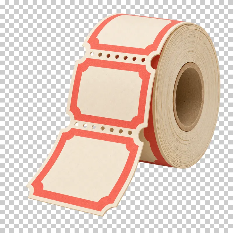 A cream paper ticket roll with blank coral-bordered tickets, perforations and a continuous unrolled strip.