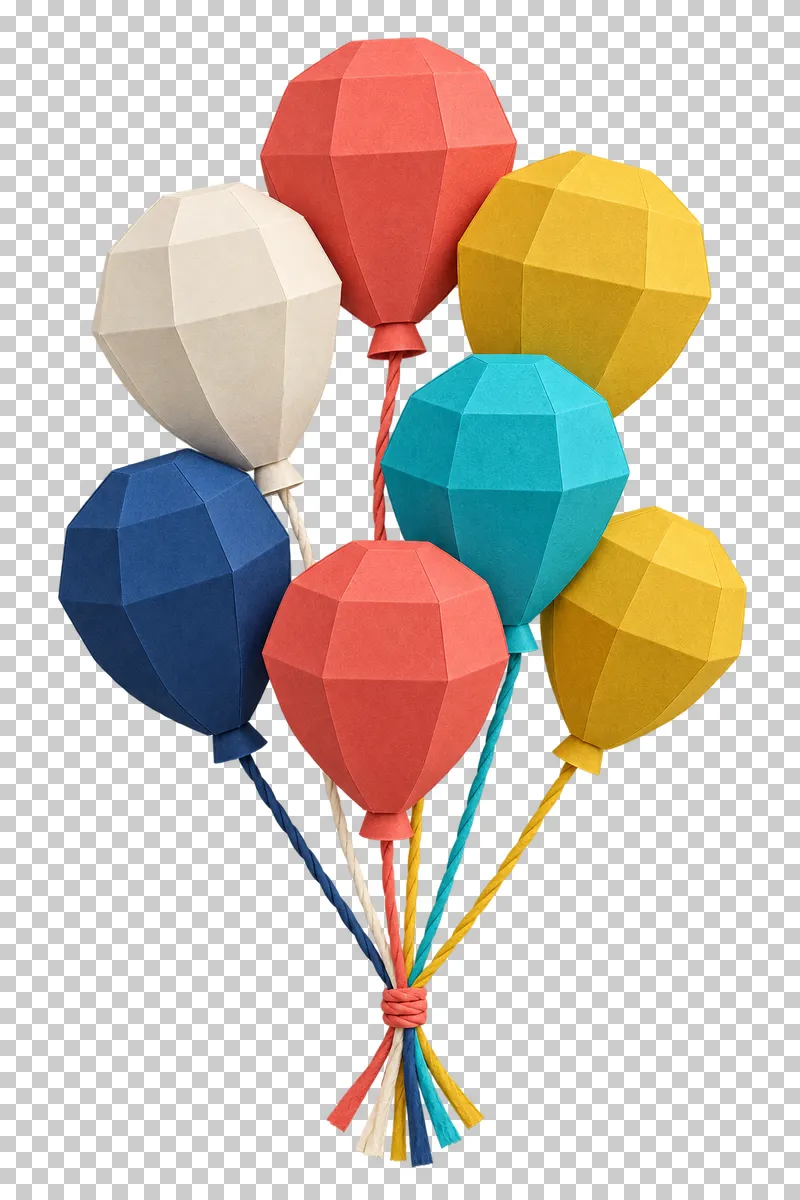 Seven faceted paper balloons in coral, cream, mustard, turquoise and navy with cords tied in one knot.