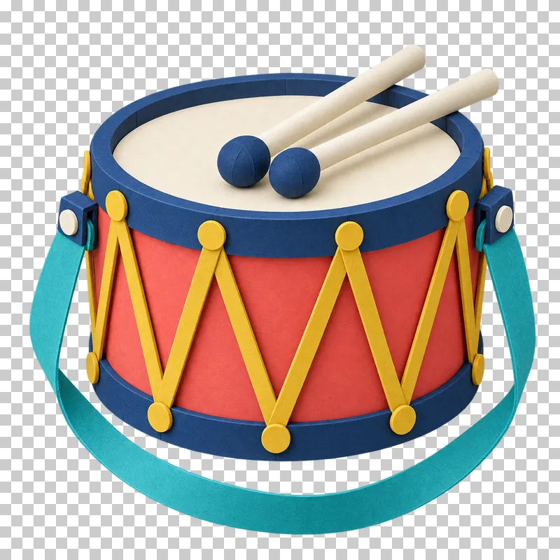 A coral paper parade drum with navy rims, mustard tension strips, a turquoise strap and two paper mallets.