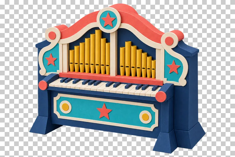 An ornamental paper fairground organ with mustard pipes, cream and navy keys and coral star decorations.