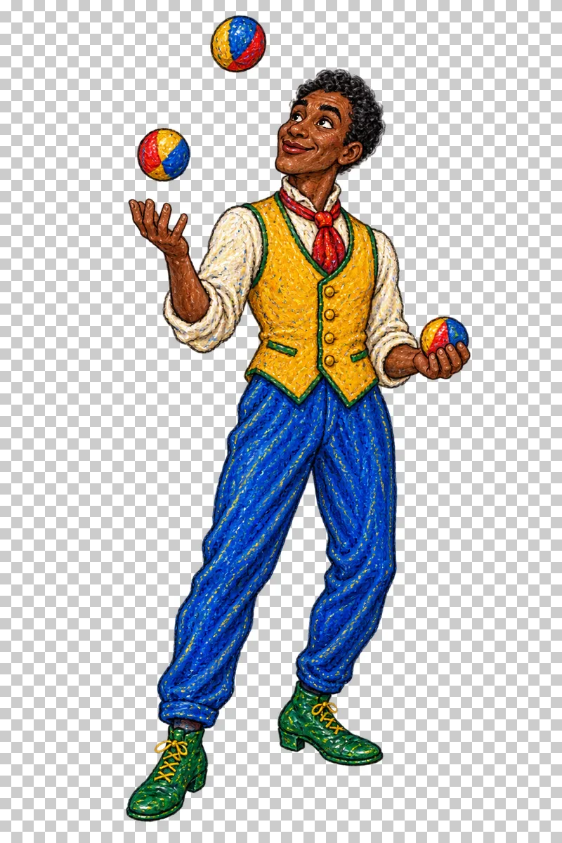 A fictional adult man in a mustard waistcoat and cobalt trousers juggling exactly three colored balls.