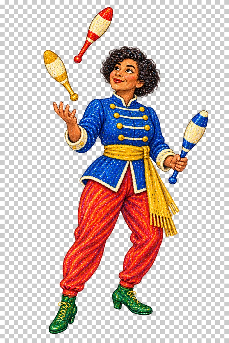 A fictional adult woman in a cobalt tunic and vermilion trousers juggling exactly three clubs.