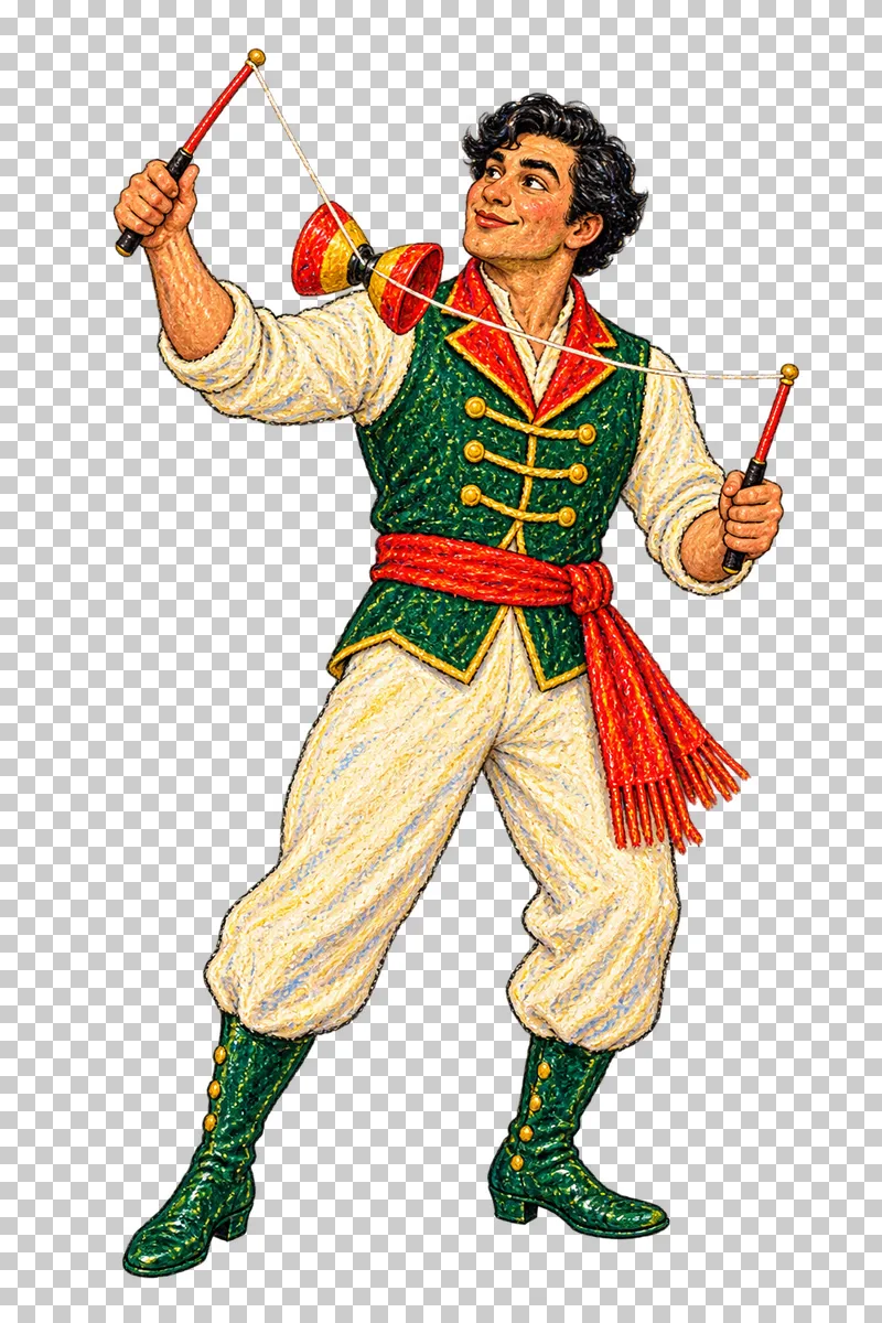 A fictional adult man in a green waistcoat controlling a diabolo with two sticks and a string.