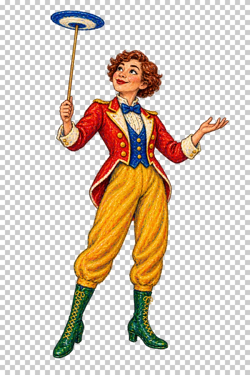 A fictional adult woman in a vermilion jacket and mustard trousers balancing a spinning plate on a stick.