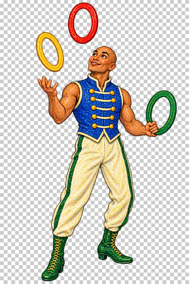 A fictional adult man in a cobalt waistcoat juggling exactly three colored rings.