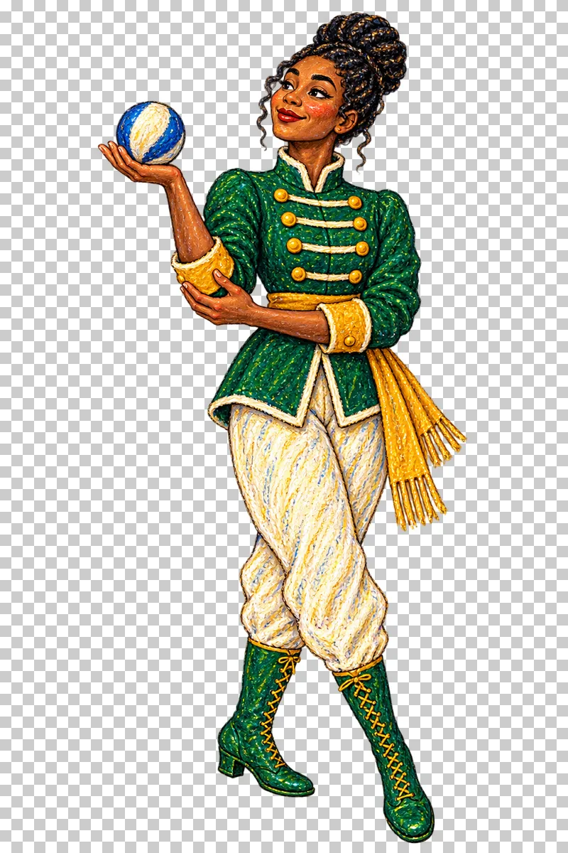 A fictional adult woman in a green tunic balancing one contact-juggling ball on an open hand.