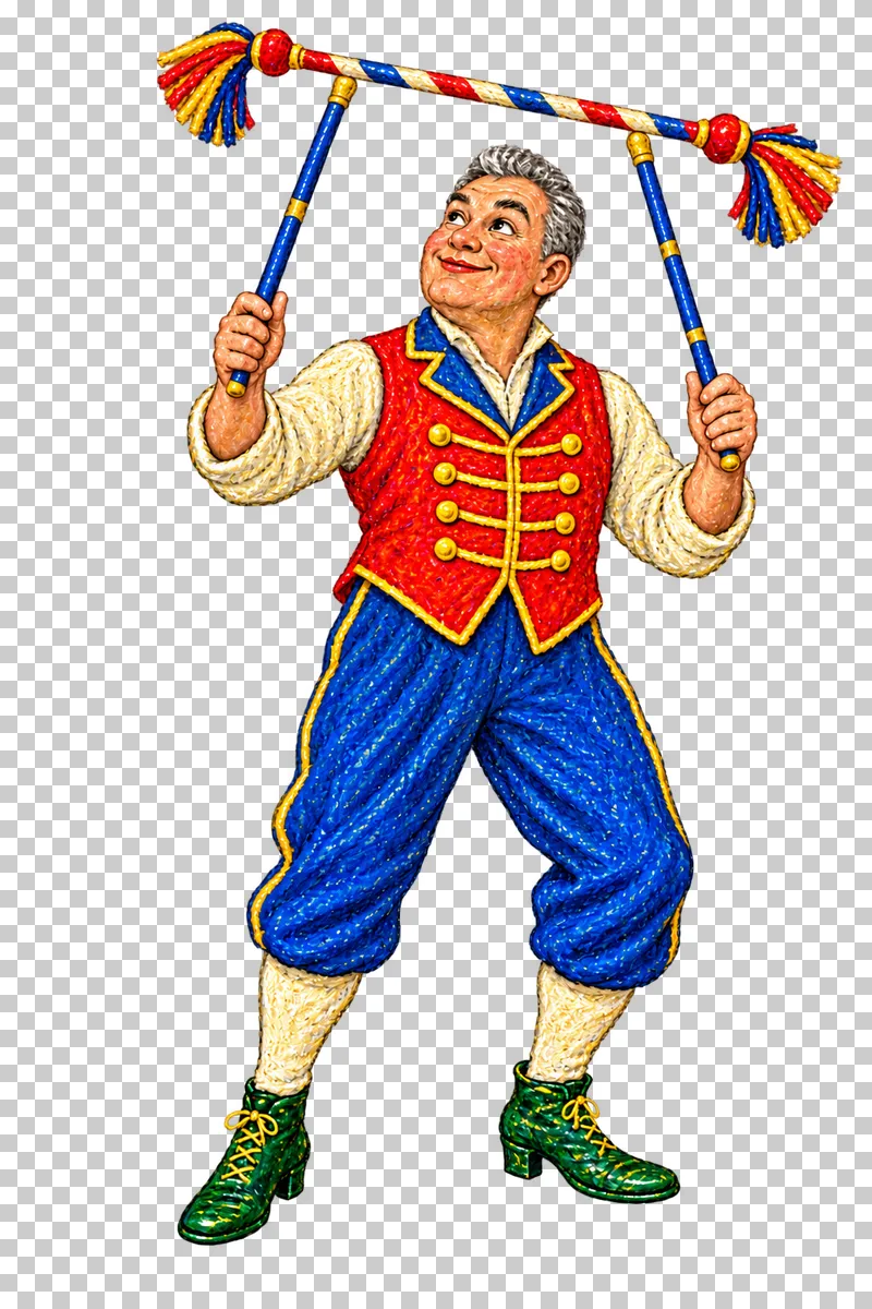 A fictional adult man in a vermilion waistcoat supporting a tasselled flowerstick with two control sticks.