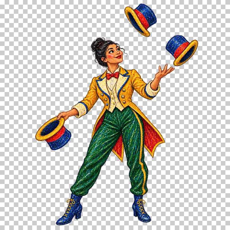 A fictional adult woman in a mustard tailcoat juggling three stage hats.