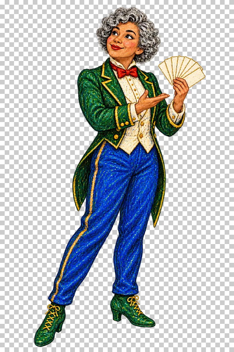 A fictional adult woman in a green tailcoat presenting a fan of playing cards.