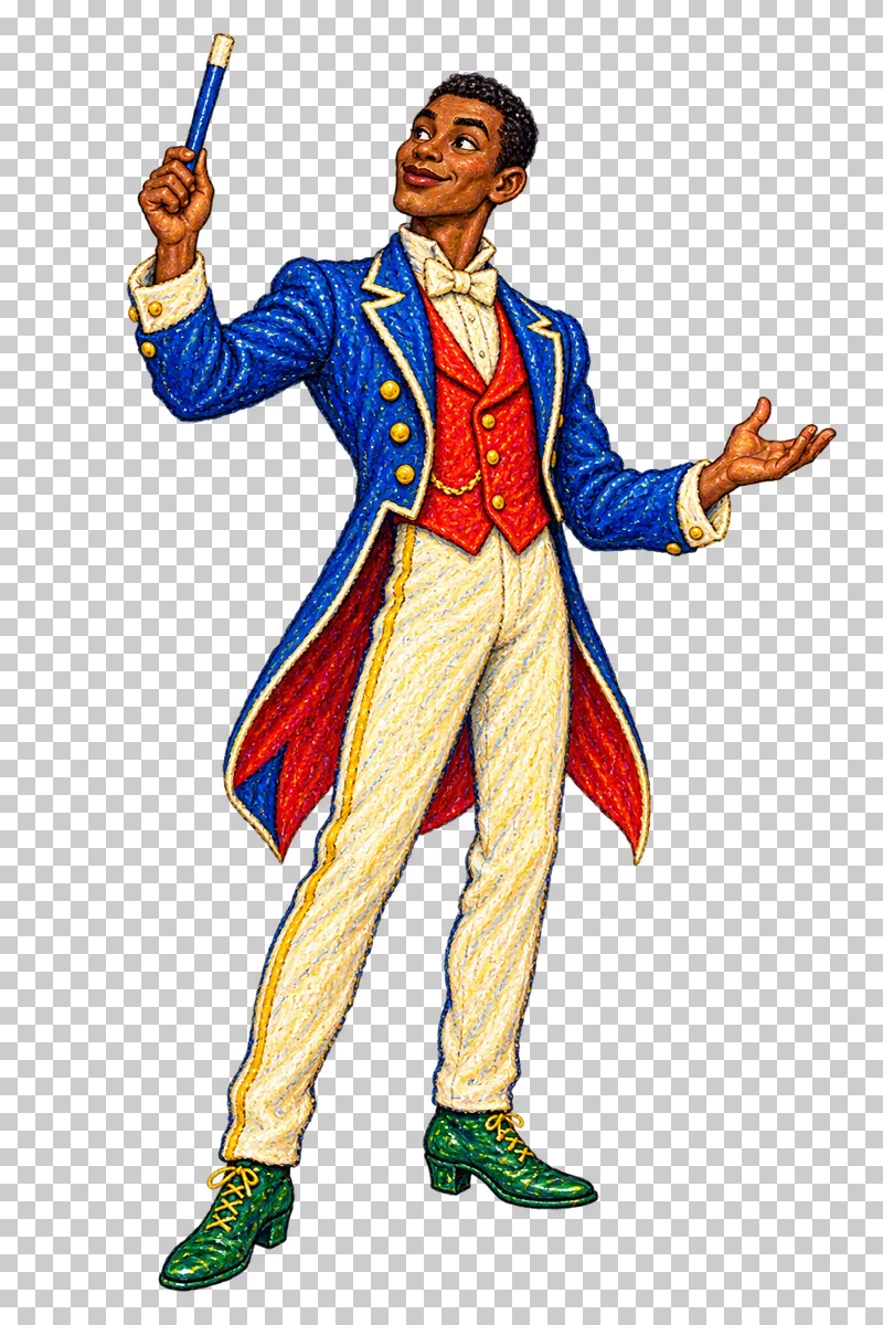 A fictional adult man in a cobalt tailcoat presenting a magic wand.
