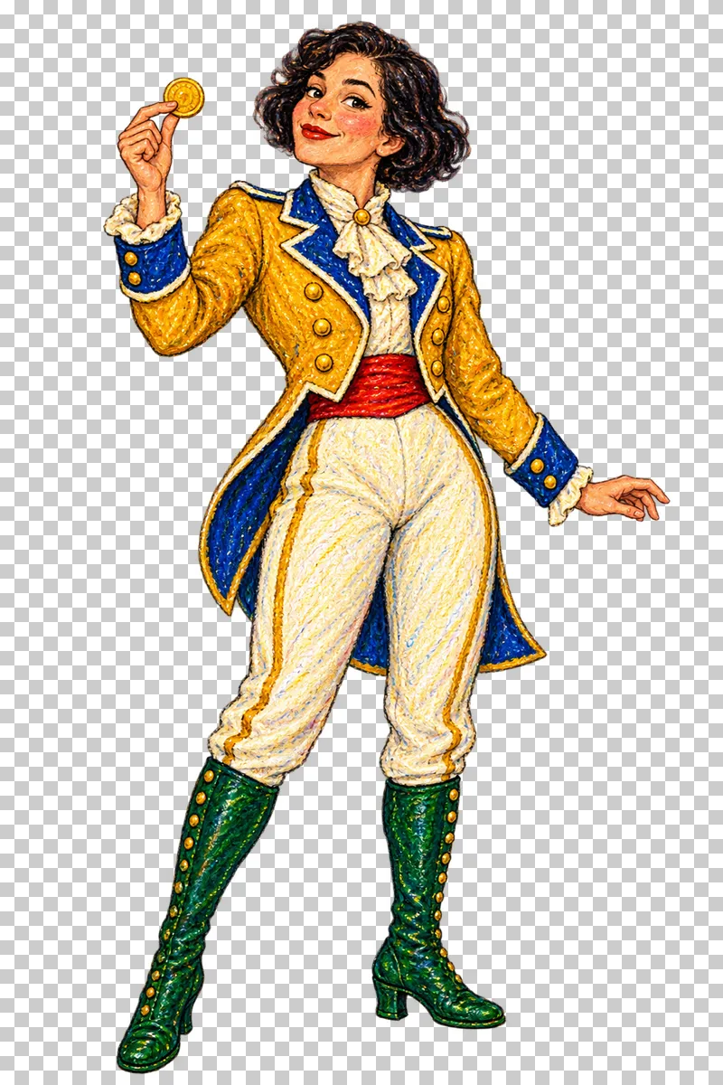 A fictional adult woman in a mustard tailcoat displaying a coin between her fingers.