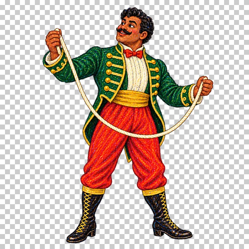 A fictional adult man in a green stage jacket holding a continuous curved rope between both hands.