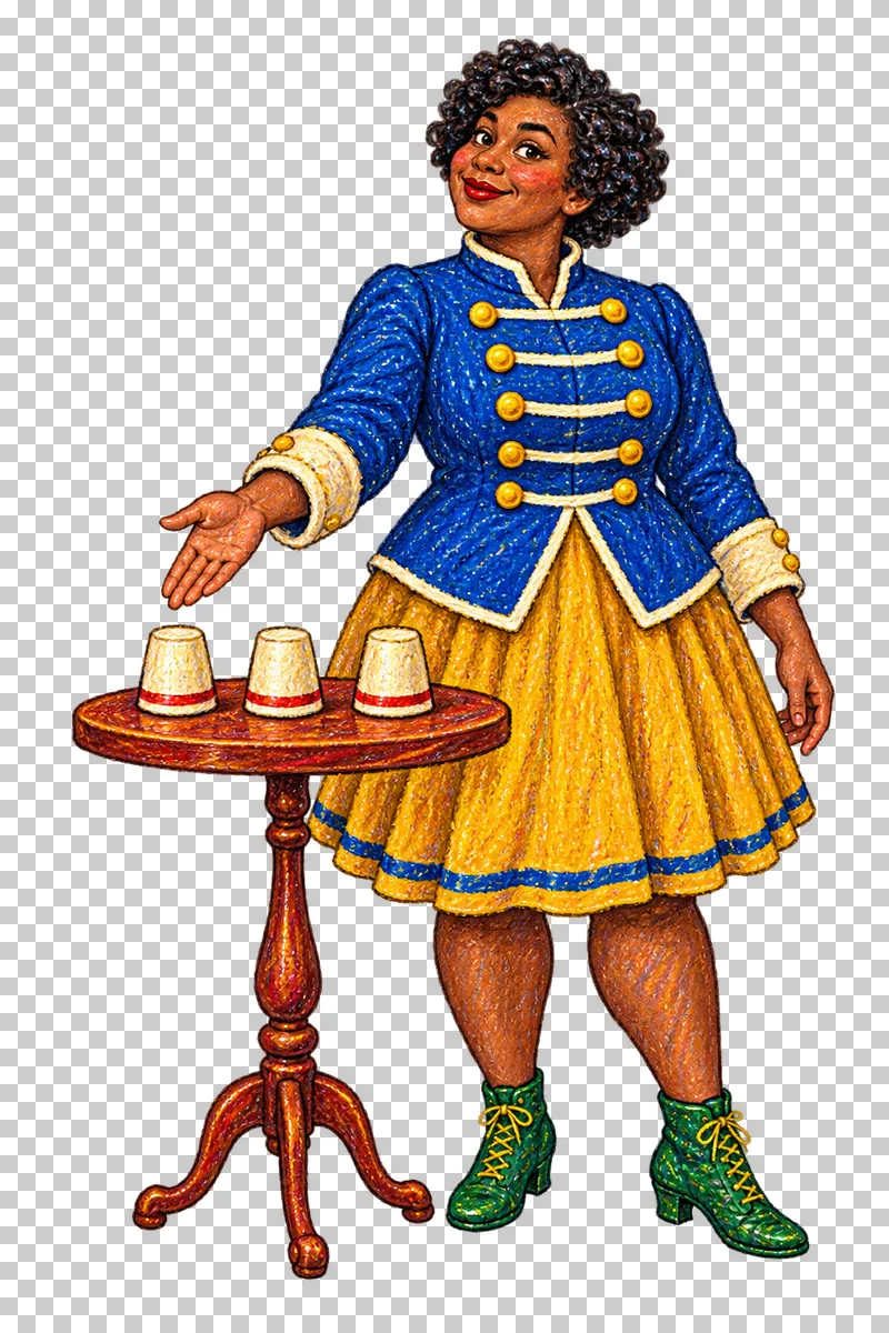 A fictional adult woman beside a small pedestal table carrying exactly three cups.