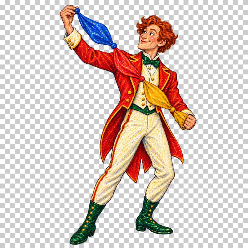 A fictional adult man in a vermilion tailcoat pulling a chain of cobalt, vermilion and mustard silk scarves.