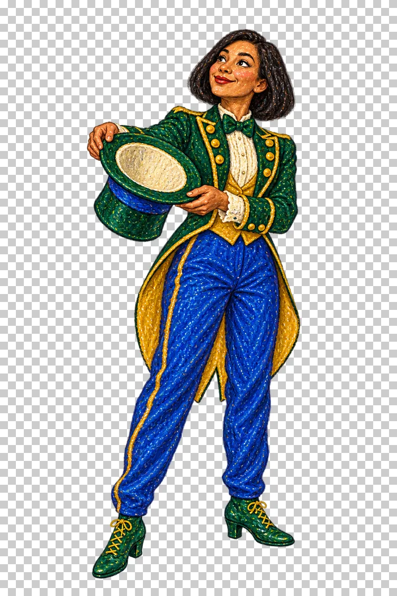 A fictional adult woman in a green tailcoat presenting the empty interior of a top hat.