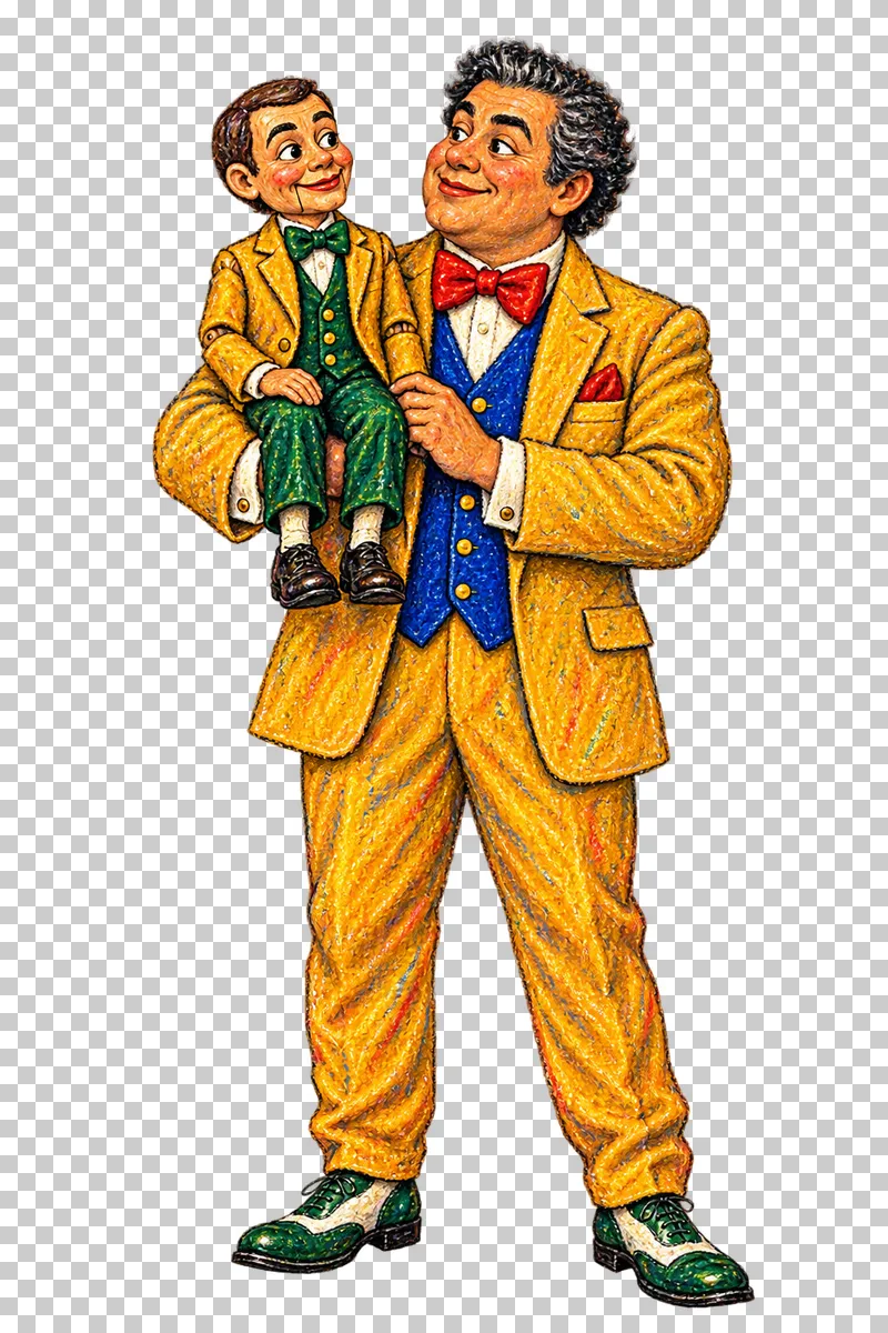 A fictional adult ventriloquist in a mustard suit holding a small stage puppet.