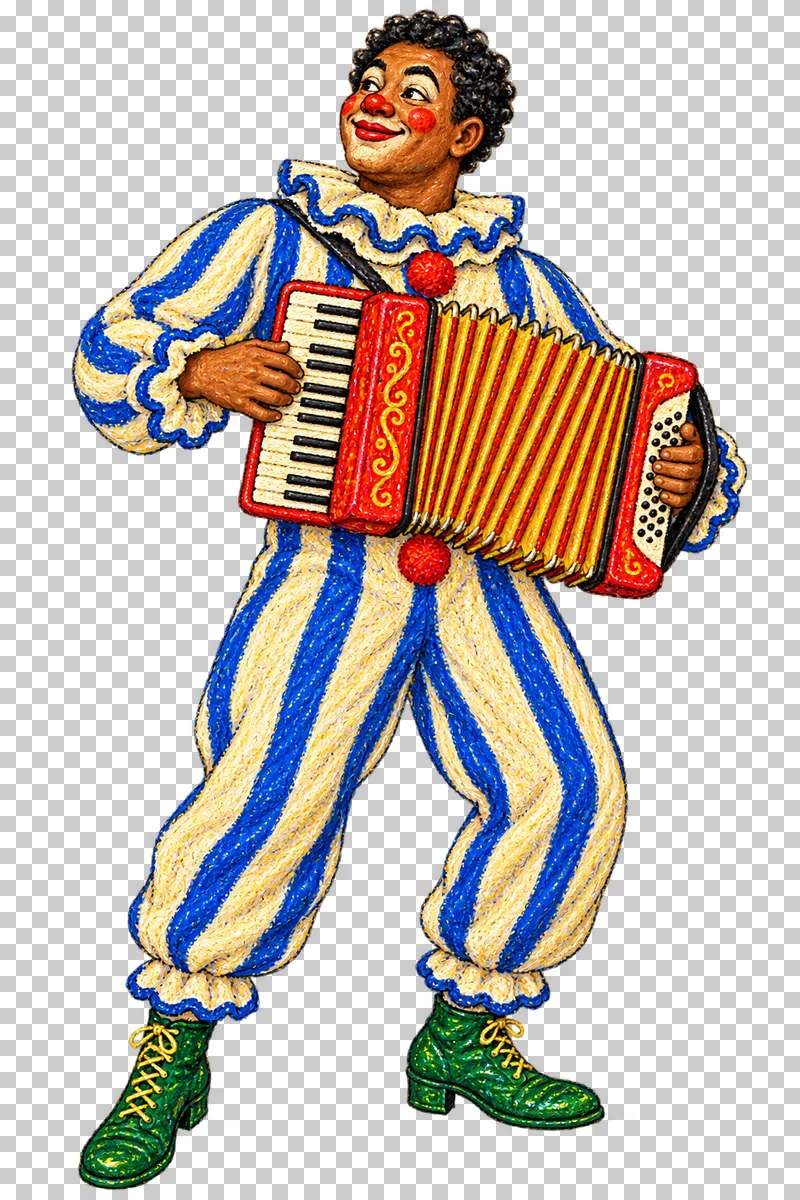 A fictional adult clown in a cobalt and cream striped costume playing an accordion.